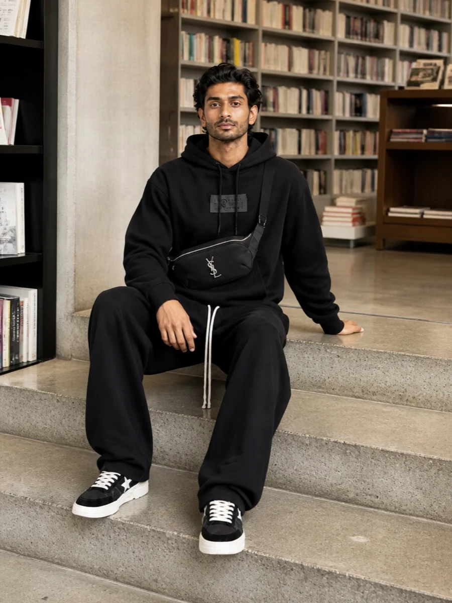 A dark, quietly graphic hoodie sits over the relaxed wide-leg track pant, keeping the energy low-key but intentional. Chunky monochrome runners echo the volume at the hem, while a slim belt bag keeps everything streamlined and hands-free. It is a sport-slanted city uniform that feels considered without trying too hard.