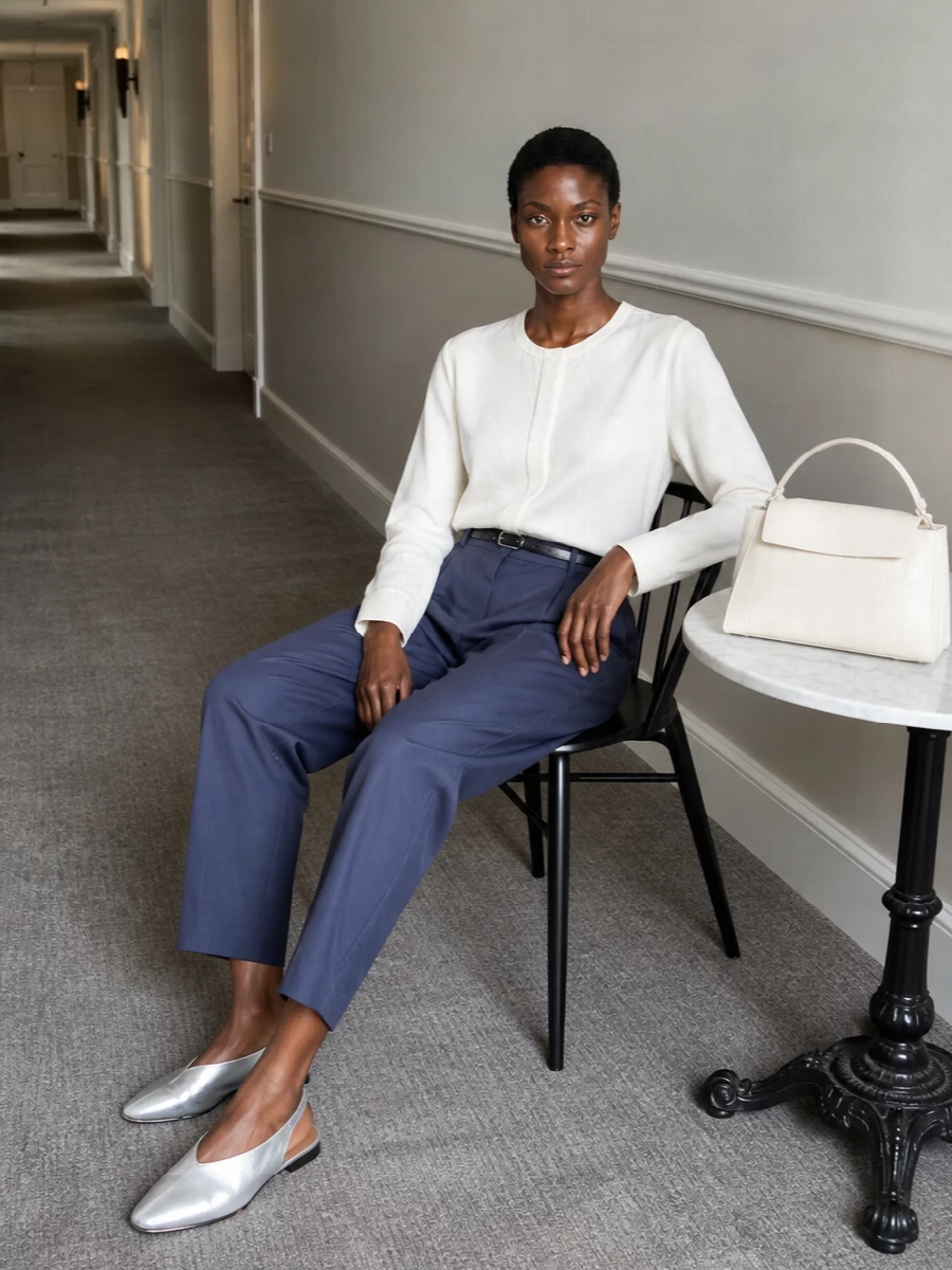 Slate blue pleats meet a fluid ivory shirt for a clean, architectural take on soft tailoring. Silver slingbacks and a structured ivory bag keep the palette cool and controlled, while a slim black belt quietly defines the high waist. The result is a polished, modern uniform that moves easily from studio days to understated dinners.
