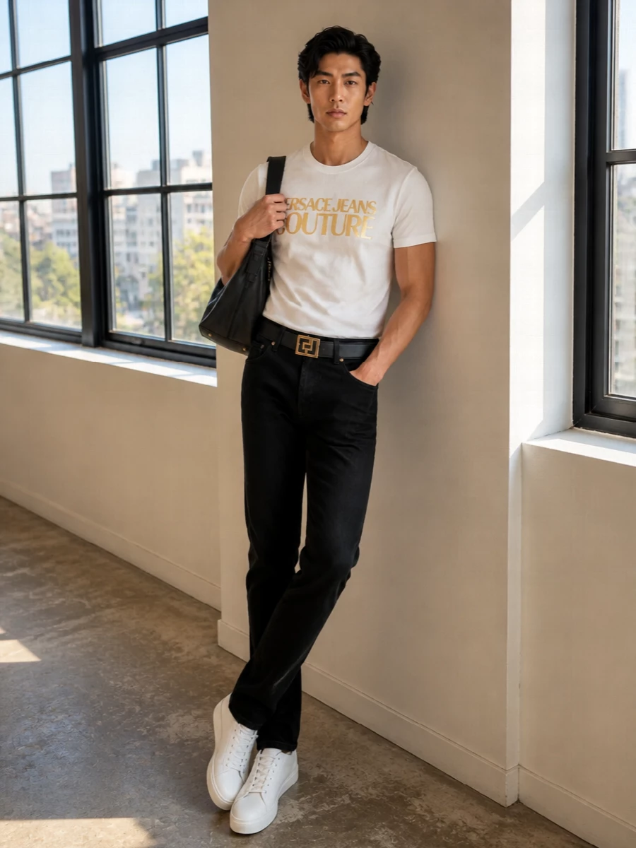 This is a sharp, street-preppy Versace-heavy outfit built around crisp monochrome and gold accents. The white metallic-logo tee sits clean over inky straight-leg black denim, with matching white courts keeping the energy sporty. A structured black leather shoulder bag and graphic belt add just enough house attitude while staying streamlined for city days or low-key nights out.