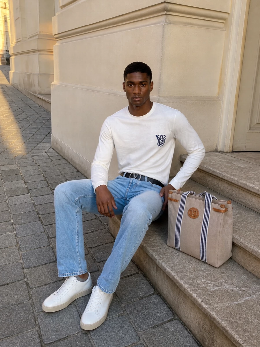 Valentino white tee light wash jeans outfit