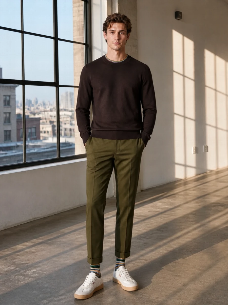 Paul smith merino sweater olive trousers outfit