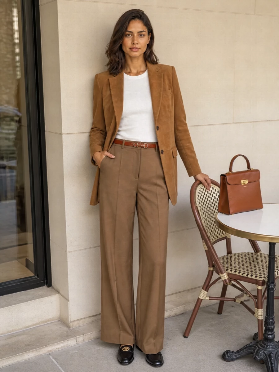 I am intentionally building around tailoring rather than a dress so the Gucci belt can genuinely define the high waist and visually anchor the separates. The camel blazer and wide-leg trouser create a soft, elongated column that lets the brick belt and black loafers read as precise, equestrian-inflected punctuation. The cognac top-handle bag keeps everything in the same warm, quiet-luxury universe, ideal for serious days that might still end at a very good restaurant.