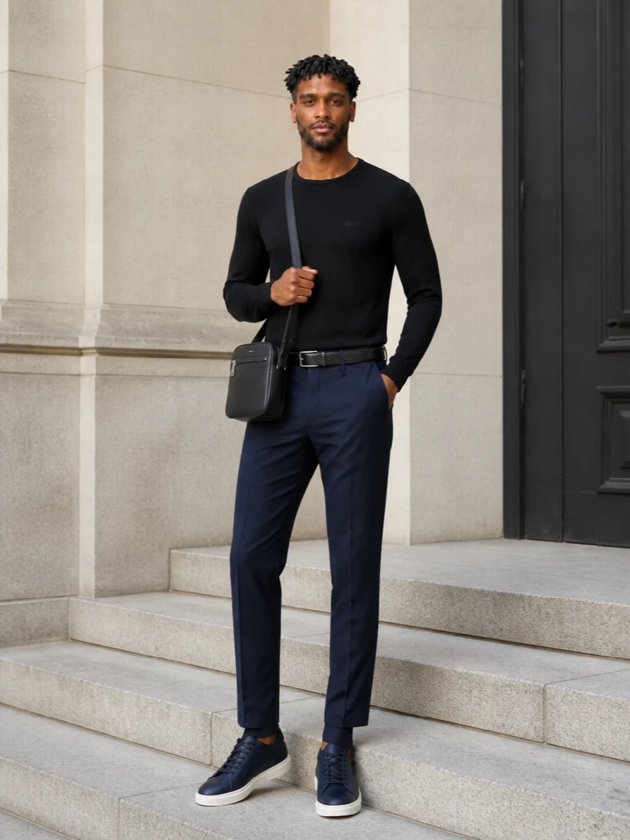 Boss mens black sweater navy trousers outfit