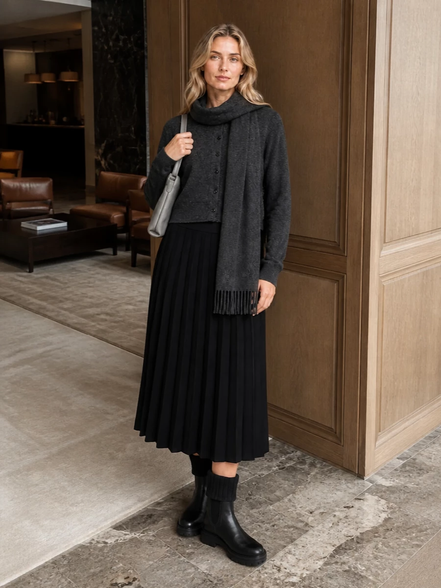 Lisa yang cardigan knit midi skirt boots