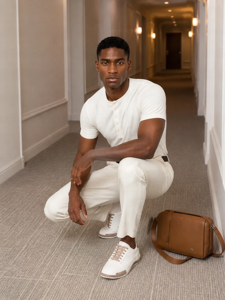 An off-white ribbed henley sits over ivory pleated trousers for a softly tailored, tonal take on summer dressing. Taupe-trimmed white sneakers and a tan leather shoulder bag ground the neutrals with subtle depth. A slim two-tone belt finishes things with quiet structure rather than statement hardware.