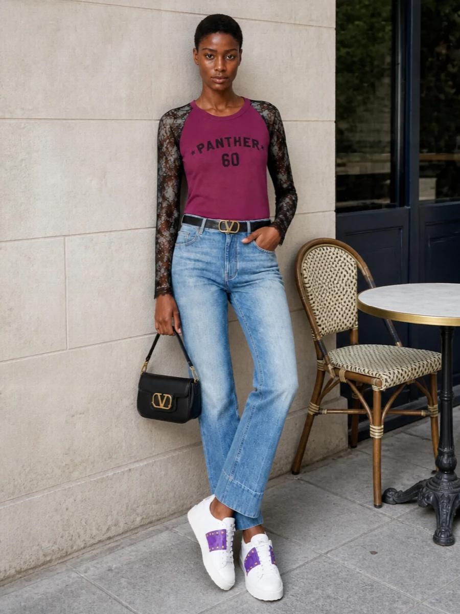 Valentino lace tee straight jeans sneakers
