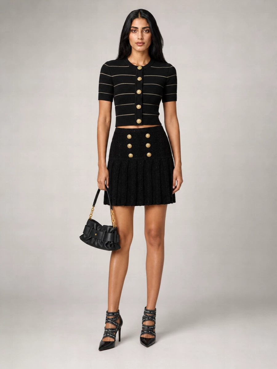 Balmain Striped Cropped Short-Sleeve Cardigan