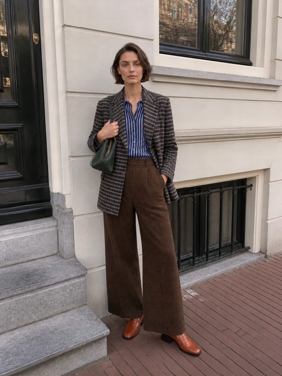 Etro checked blazer striped shirt wide leg trousers
