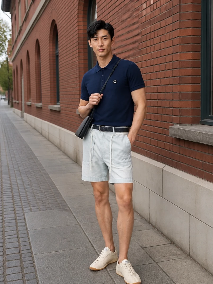 A navy Kenzo polo sits cleanly over washed ice-blue chino shorts, keeping the mood sharp but easy for warm-city days. Cream gum-soled sneakers and a slim navy crossbody keep the palette tight and light, with a textured navy belt quietly finishing the line. The result is relaxed, sport-leaning and polished enough for anything from coffee runs to laid-back dinners.