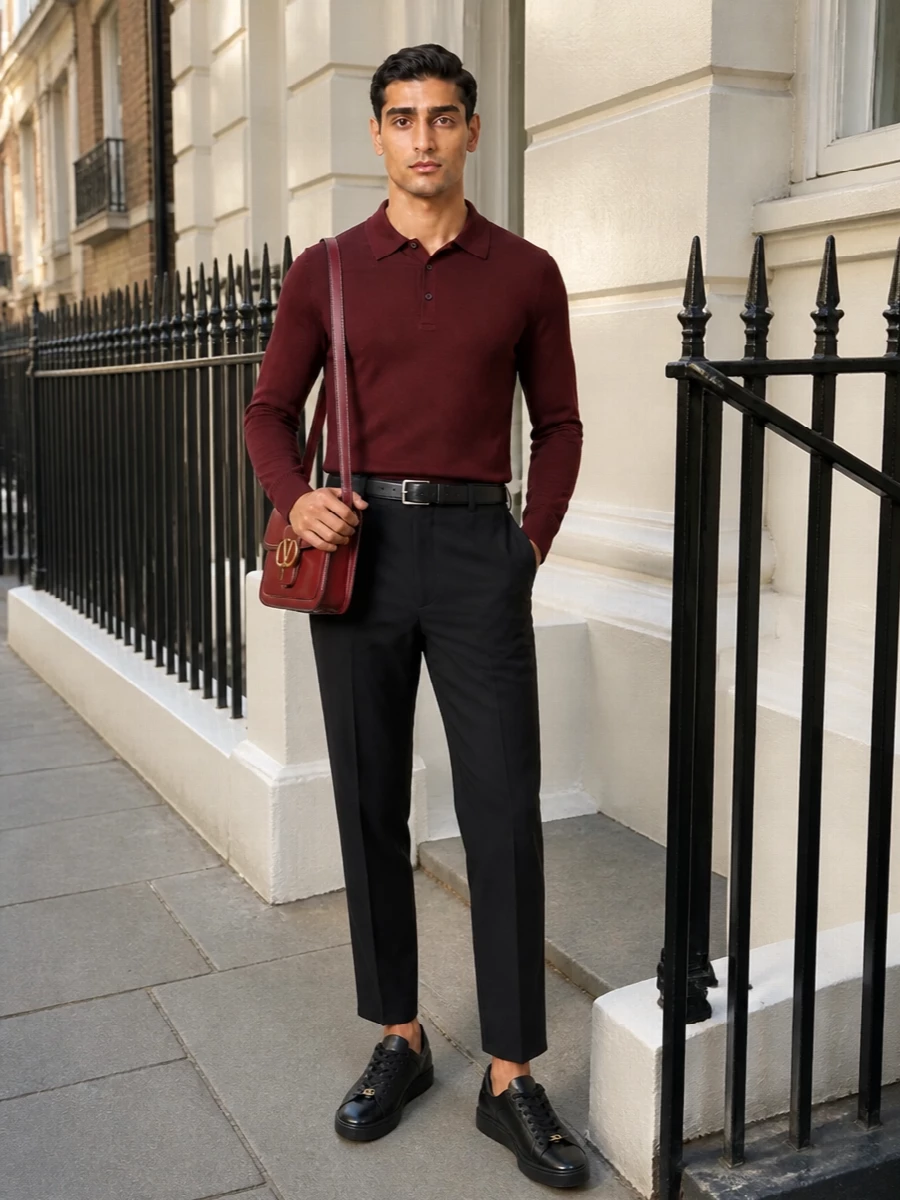 Deep burgundy and inky black work together here for a calm, modern take on smart dressing, with the cropped pleated trouser giving the knit polo a sharper, architectural edge. Black leather sneakers keep it quietly relaxed while the bordeaux crossbody and tonal belt echo the top’s richness for a cohesive, quietly confident finish. It is the kind of pairing that moves easily from serious daytime to understated dinner without ever feeling overdone.