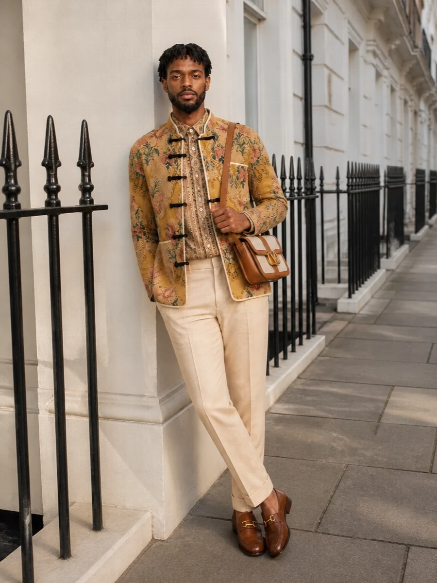 Valentino garavani tapestry jacket outfit loafers