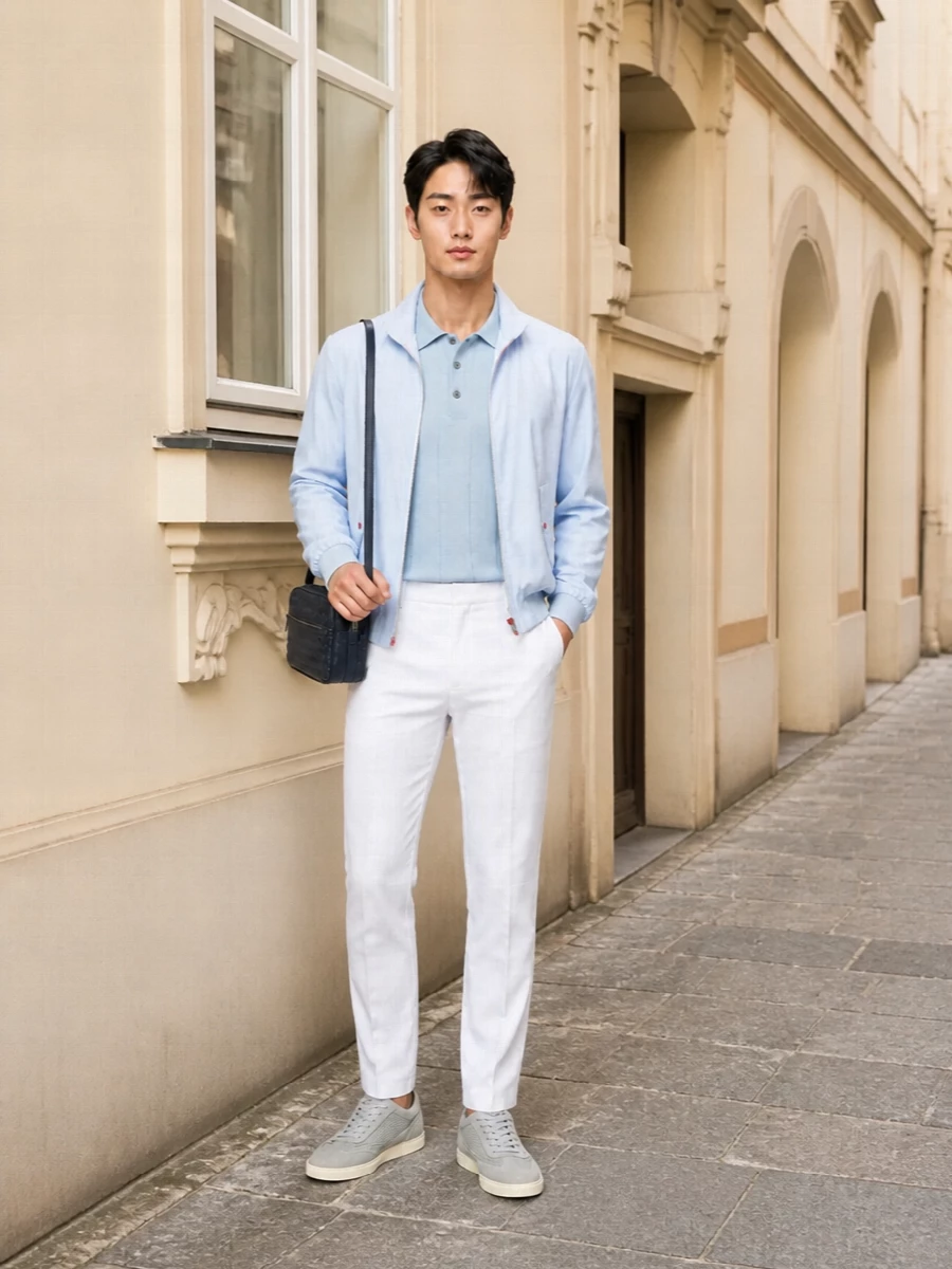 Kiton blue blouson white trousers suede sneakers