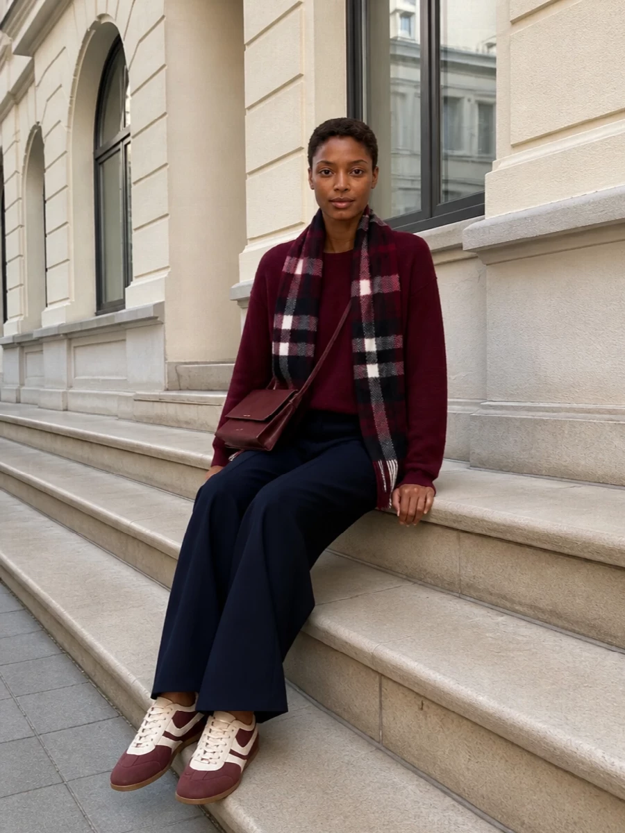 Deep burgundy and ink navy meet in a clean, relaxed pairing that feels polished enough for the office yet easy for off-duty days. The tailored wide-leg trouser sharpens the soft crew-neck knit, while tonal sneakers and a structured cross-body keep the palette rich and coherent. A checked scarf in matching wine tones adds just enough pattern to stay preppy without disturbing the minimalist mood.