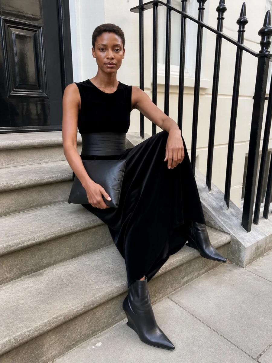 Rick owens black velvet evening gown styling