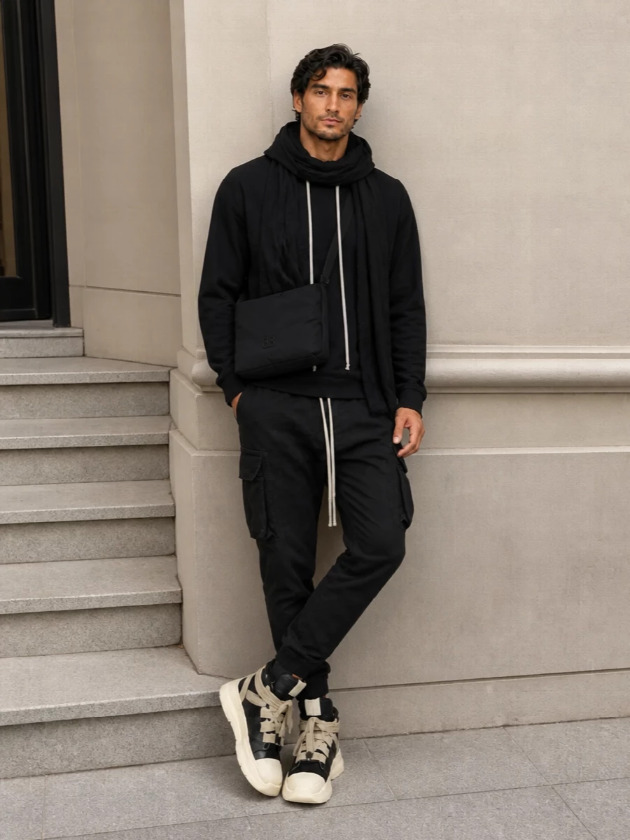 Washed black cargos meet a skewed Rick hoodie and sculptural high tops for a monochrome street uniform that feels deliberate rather than loud. The tapered leg and chunky sneaker base keep the proportions sharp, while the padded crossbody and gauzy scarf add just enough texture and utility to handle city days and late nights alike.