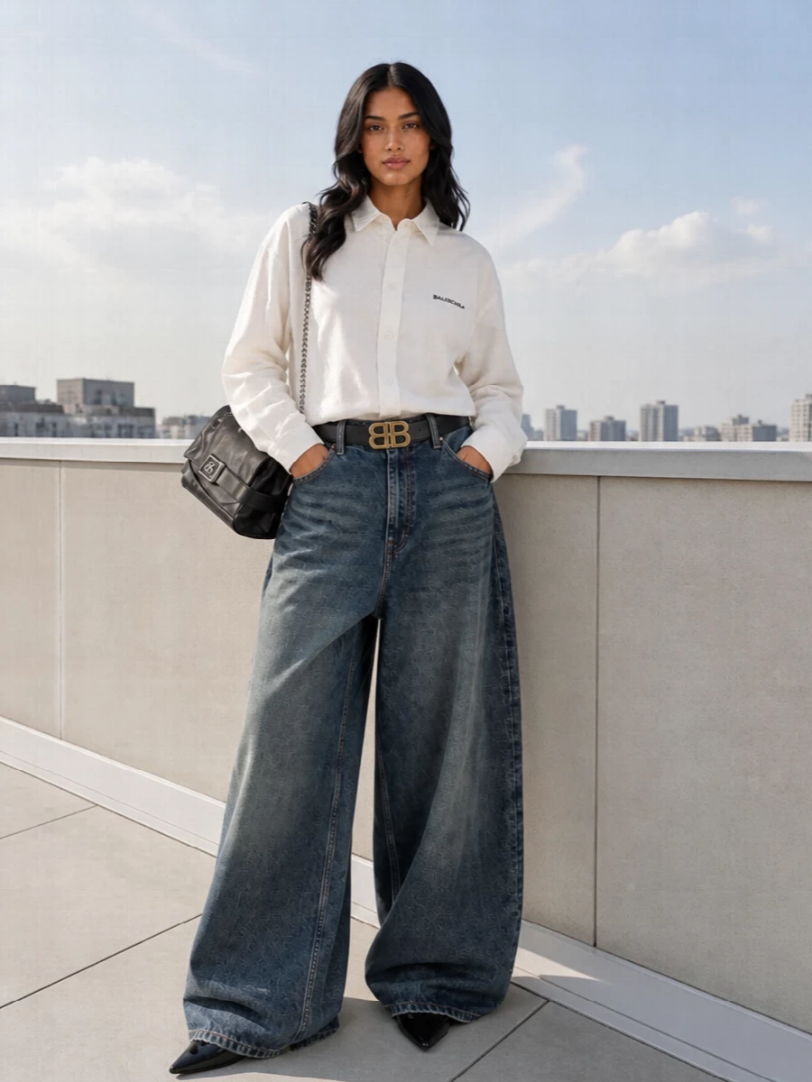 Ultra-wide Balenciaga denim sits low and loose under a relaxed off-white logo shirt, all cinched with a slim gold buckle for a hint of structure. Pointed black ankle boots and a chain-strap shoulder bag sharpen the ease, keeping the vibe clean, directional and quietly confident for city days into late nights.