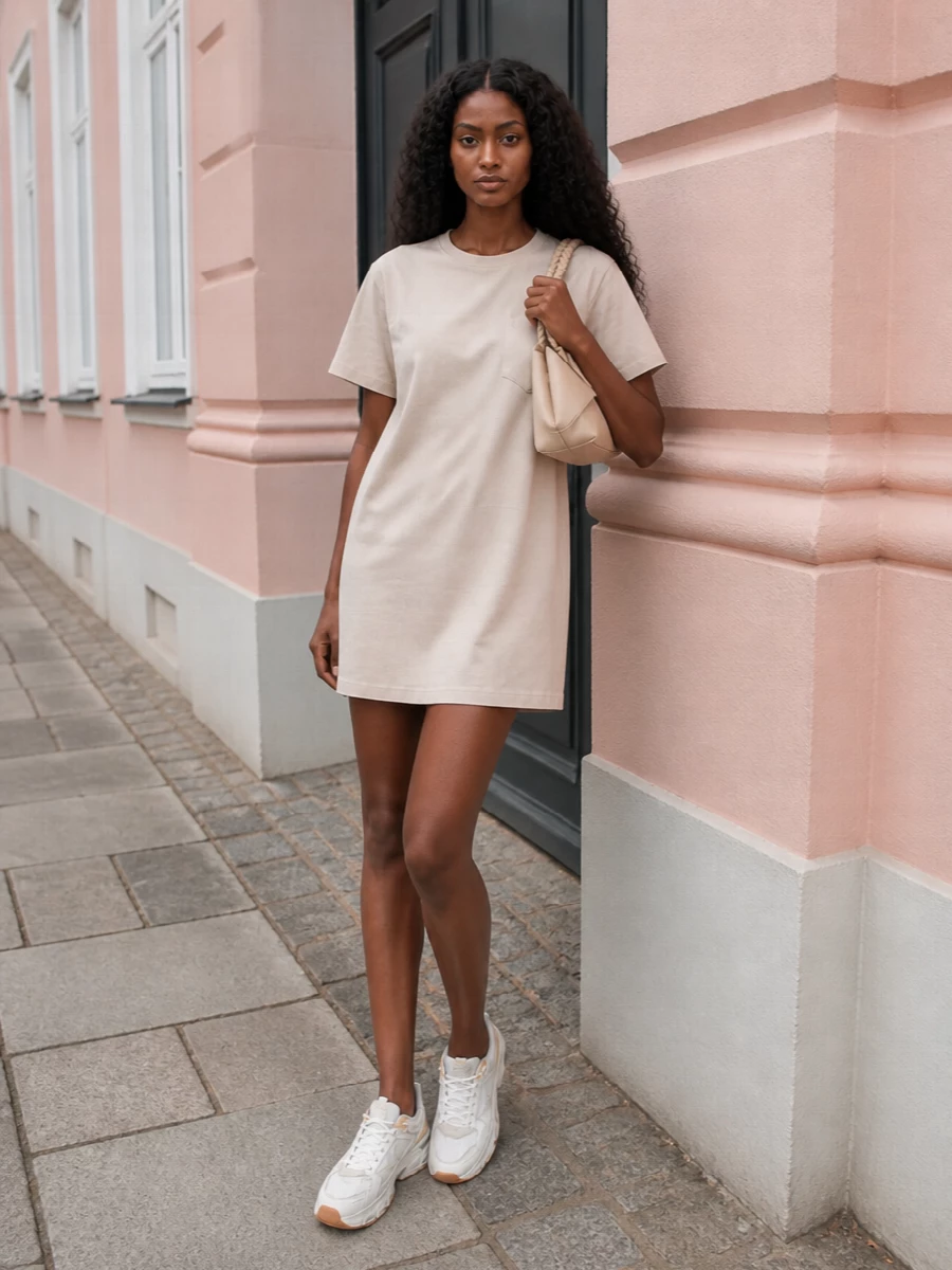 A soft Sacai mini dress and the distressed Golden Goose runners create a neutral, sport-informed city outfit that feels relaxed but intentionally styled. The clean shift silhouette keeps the sneakers’ chunky profile in focus while the Ferragamo bag adds a precise, structured note. It is the kind of neutral-on-neutral combination that moves from coffee run to casual gallery afternoon with a simple jewelry change.