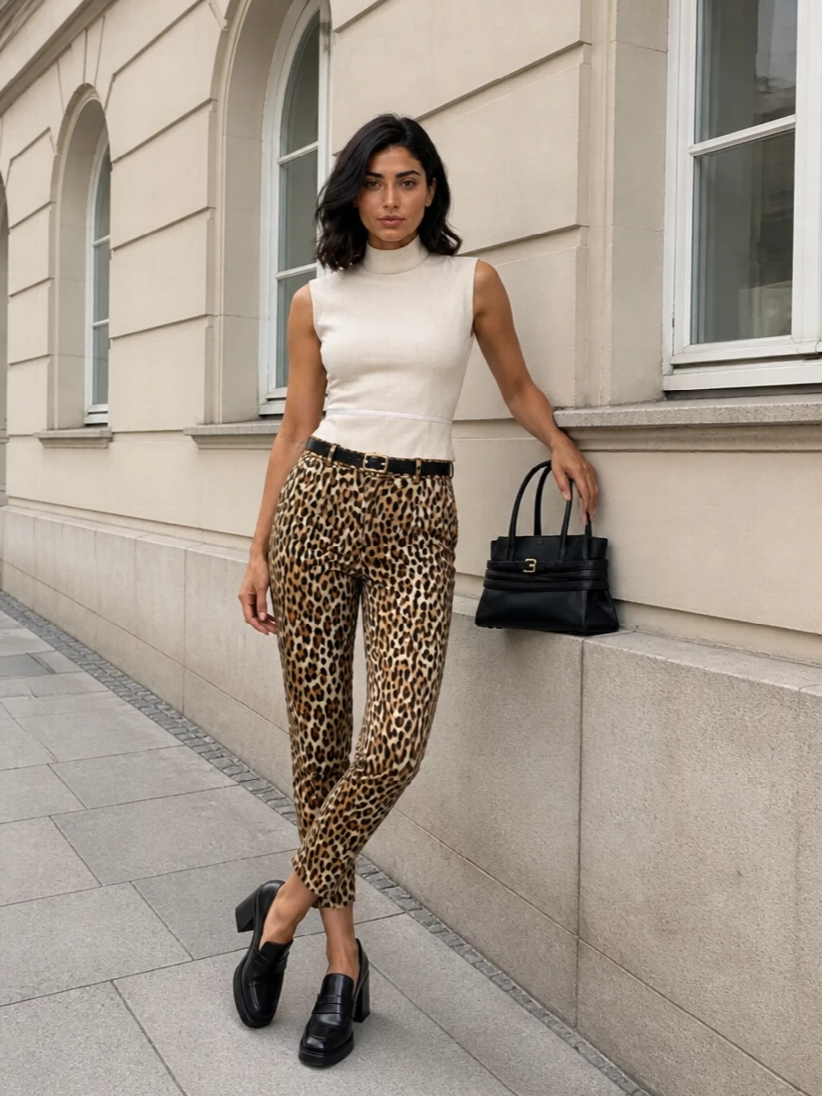 Moschino leopard trousers cream top outfit