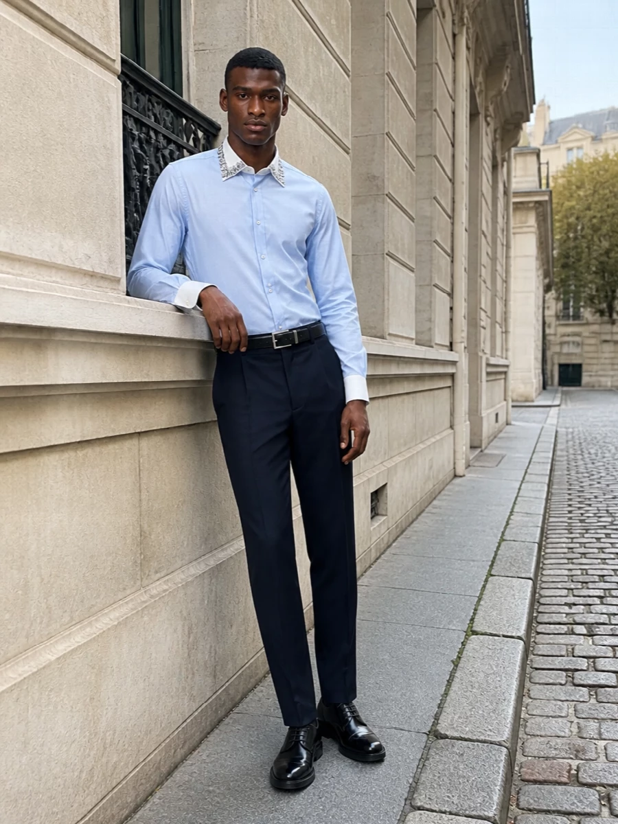 Prada crystal collar shirt navy trousers derbies