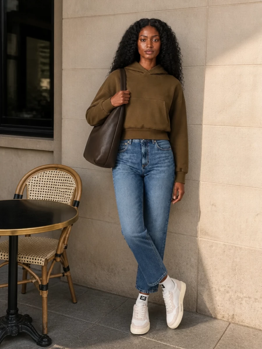 Olive, denim and cream land in that sweet spot between gym and city, with the hoodie cropped just right over straight, faded jeans. Retro cream sneakers and a soft chocolate hobo keep the energy low-key but intentional, while a flash of branded sport sock adds a small, graphic nod to the streetwear story. It is an off-duty uniform that feels grounded, functional and quietly styled rather than thrown together.