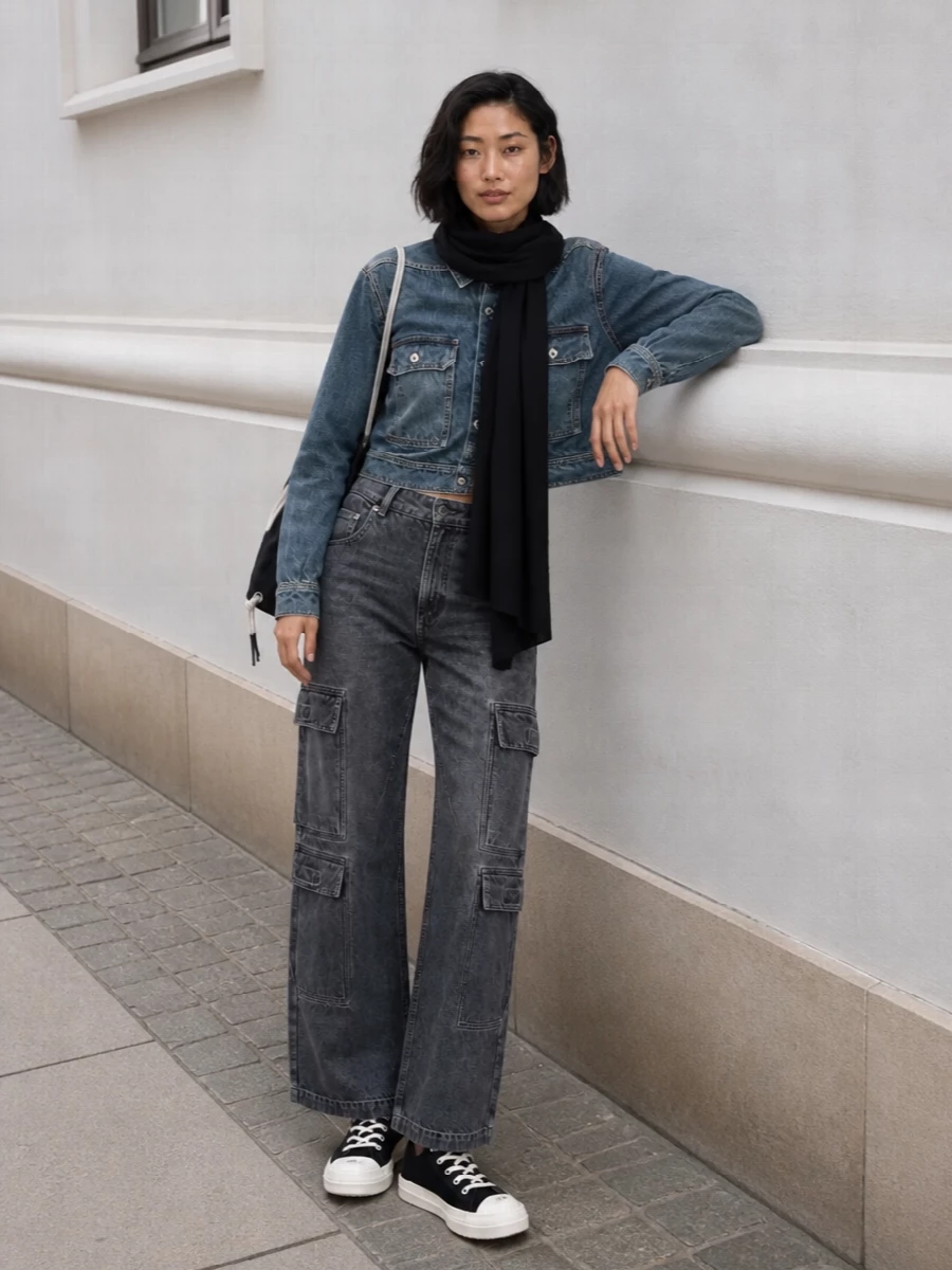 Rick owens cropped denim jacket cargo pants outfit