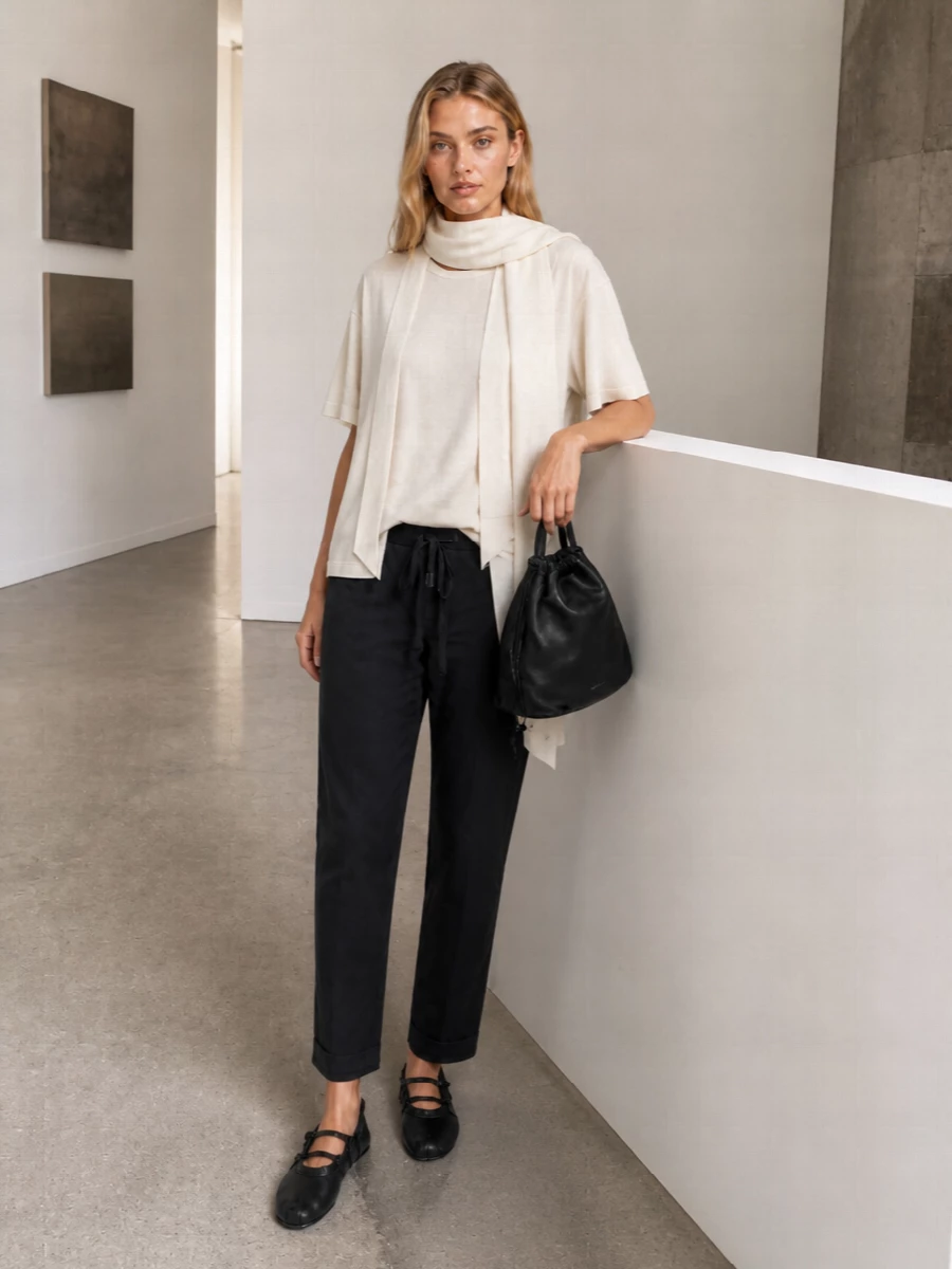Ann demeulemeester ivory tee charcoal trouser outfit