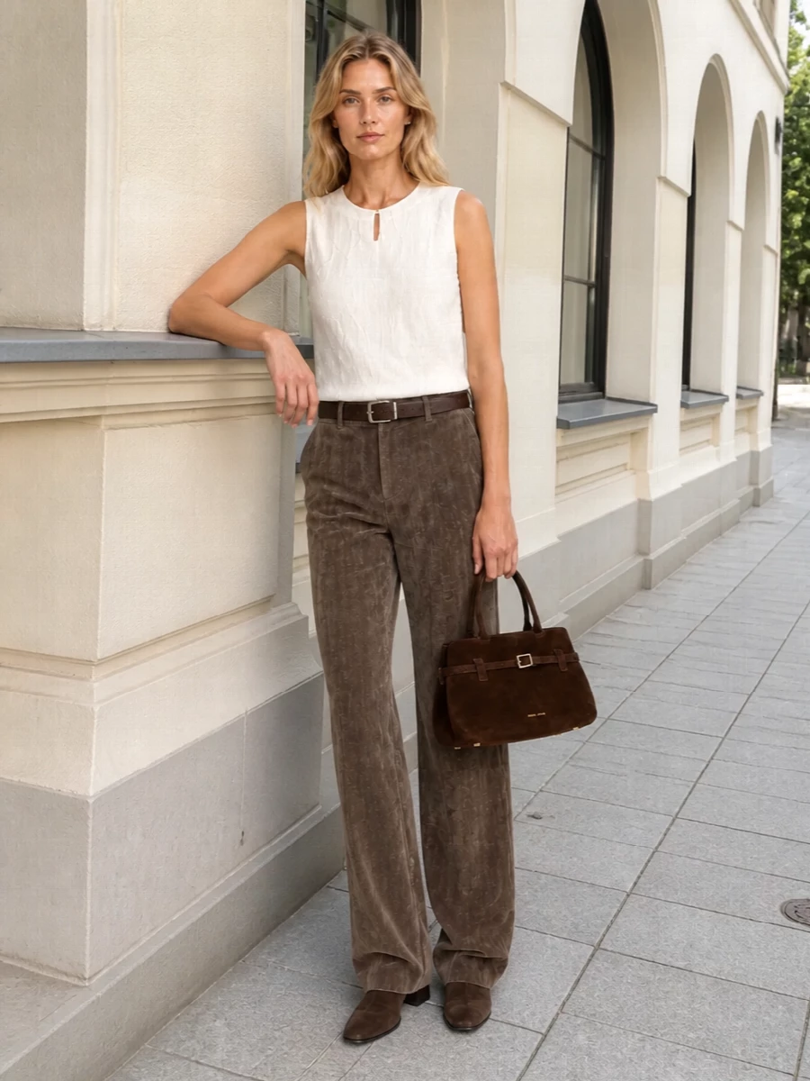 Alysi mocha wide leg trousers ivory top
