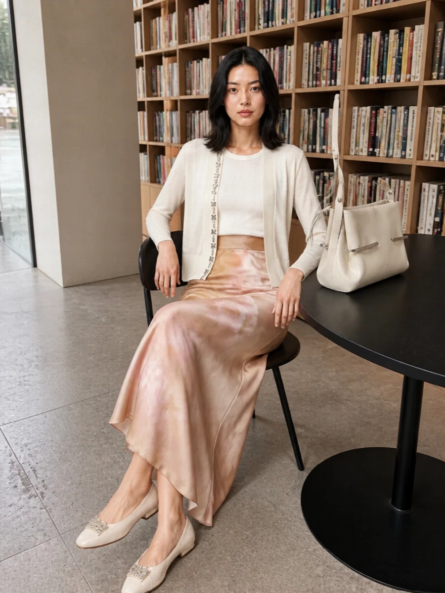 Ivory-on-ivory shine meets whisper-soft blush in a quietly glamorous pairing of cropped embellished knit and fluid satin maxi. The long skirt’s movement tempers the cardigan’s structure, while low crystal-detailed flats and a silver-accented bag keep the mood relaxed yet unmistakably dinner-ready. It is a serene, romantic take on occasion dressing that feels as comfortable as it looks refined.