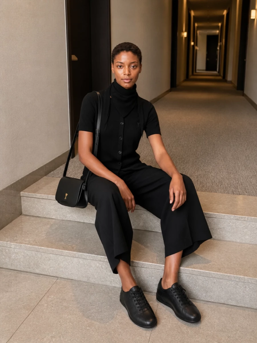 Ami’s short-sleeve cardigan pairs with asymmetric cropped wide-leg trousers for a monochrome take on relaxed tailoring that feels quietly intentional. Sleek black sneakers and a slim baguette bag keep the lines clean, while the bandana scarf sharpens the neckline for a polished city-ready finish.