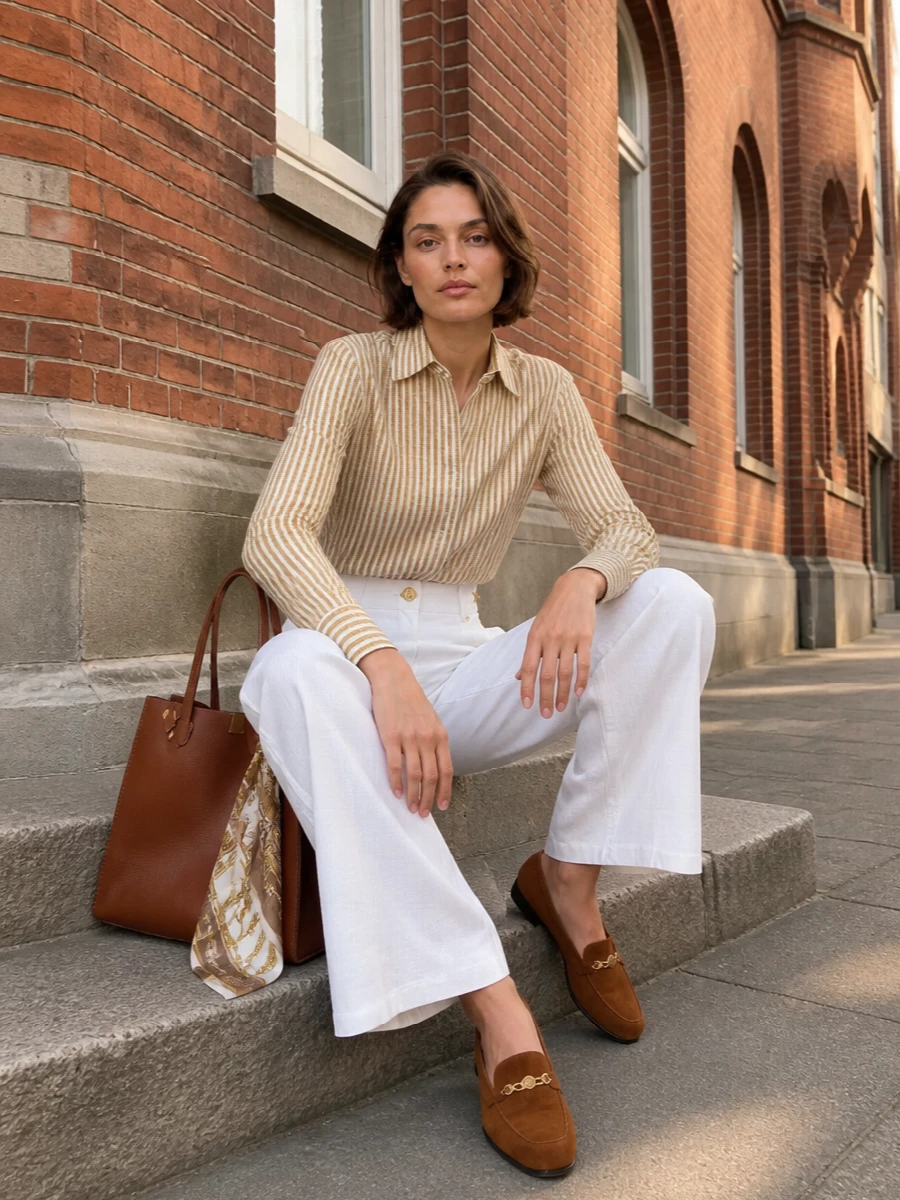 Versace striped shirt white wide leg trousers