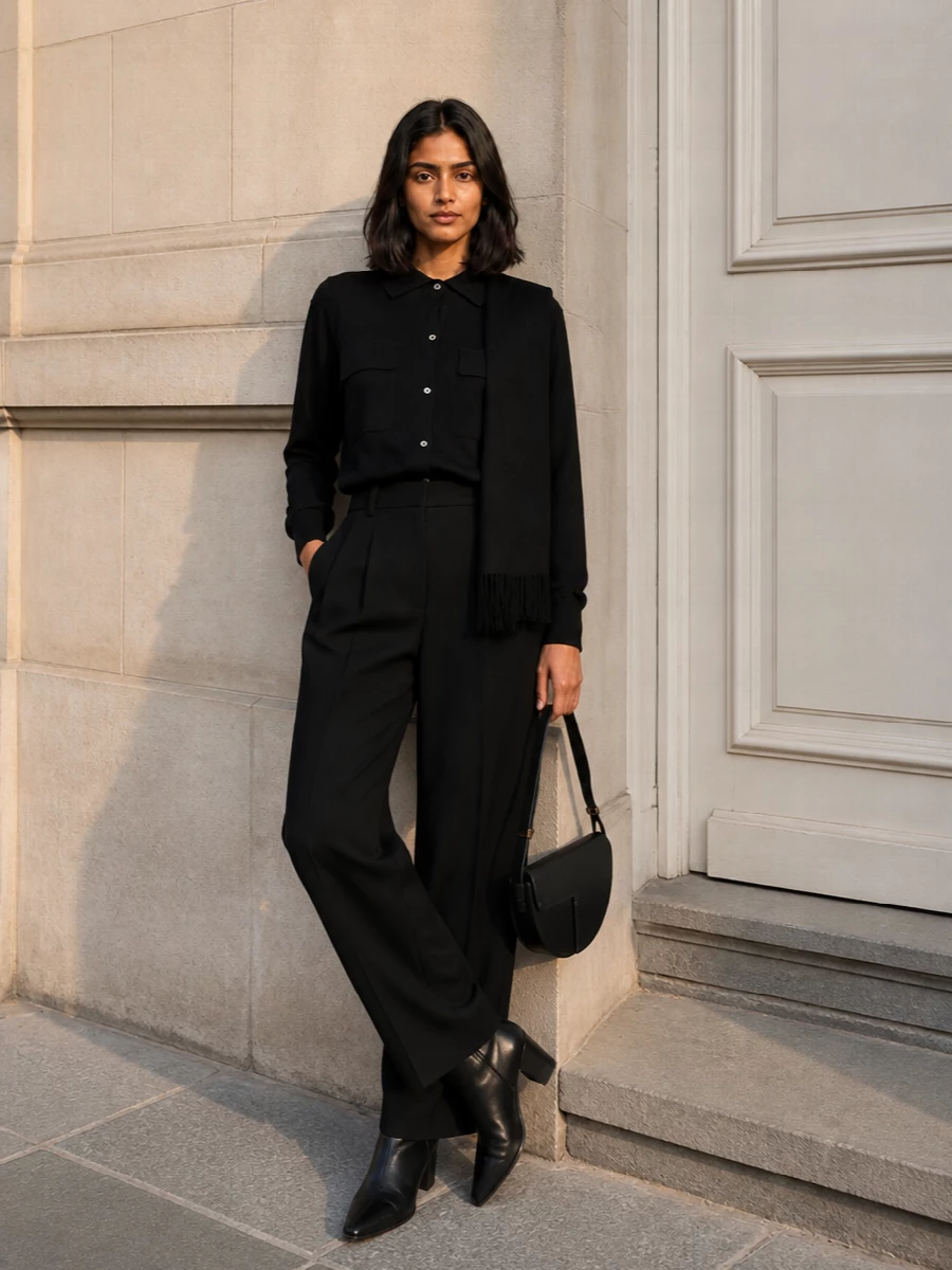 Parosh black cardigan wide leg trousers outfit