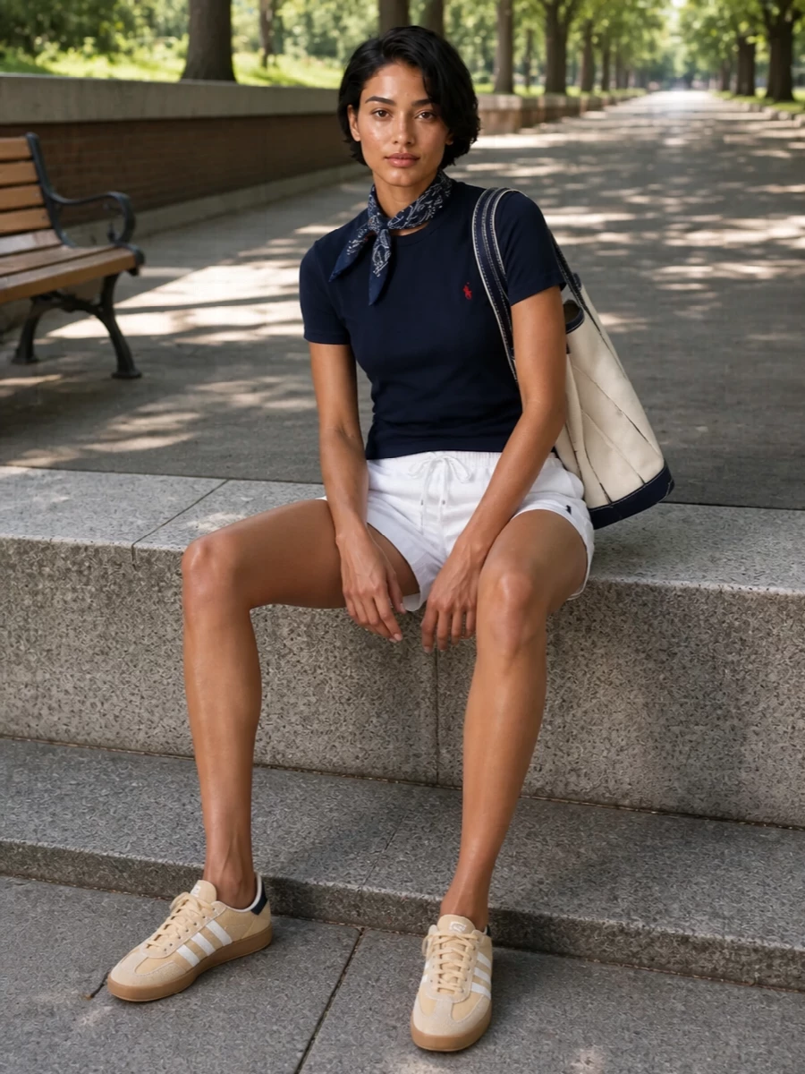 A navy tee and crisp white pull-on shorts create a clean, East Coast summer uniform with just a nod of sport. Sand-and-navy sneakers keep it grounded and relaxed, while the cream canvas tote leans into an easy nautical mood. A paisley bandana adds a small, characterful twist that still feels minimal and polished.