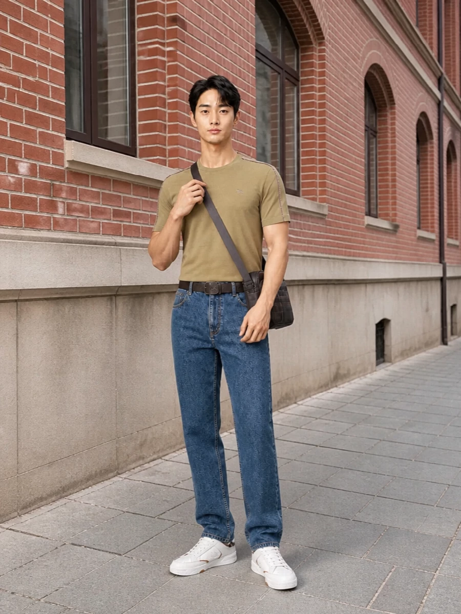 Burberry khaki tee indigo jeans white sneakers