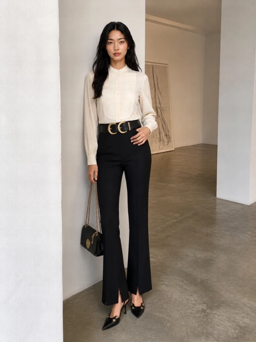 A black high-rise flare with a buttercream bib-front top creates a long, precise line that feels polished without reading stiff. Gold-detailed slingbacks and a matching chain-strap bag keep the focus on clean contrasts and subtle shine. A sculptural black belt quietly anchors the waist so the split hem and flared leg can do the talking.