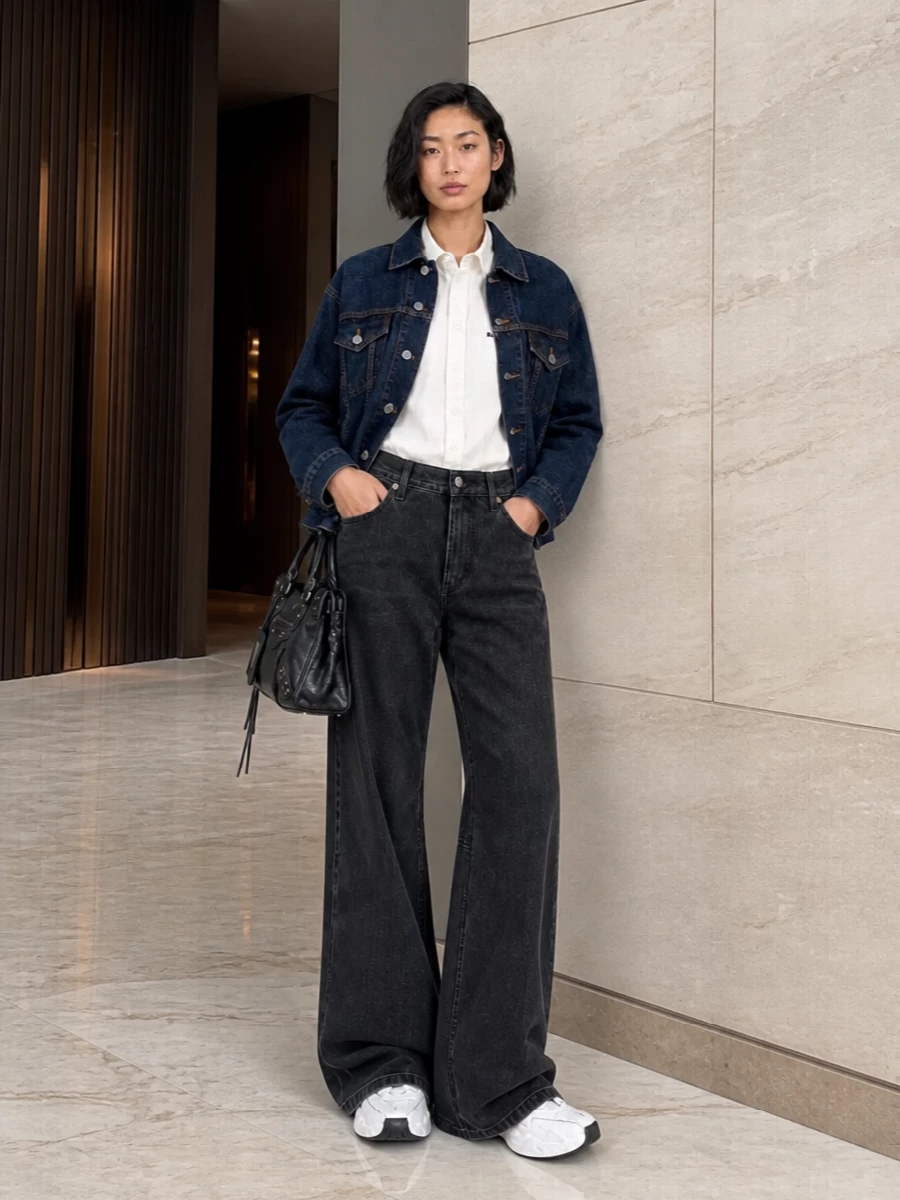 Balenciaga denim jacket wide leg jeans outfit