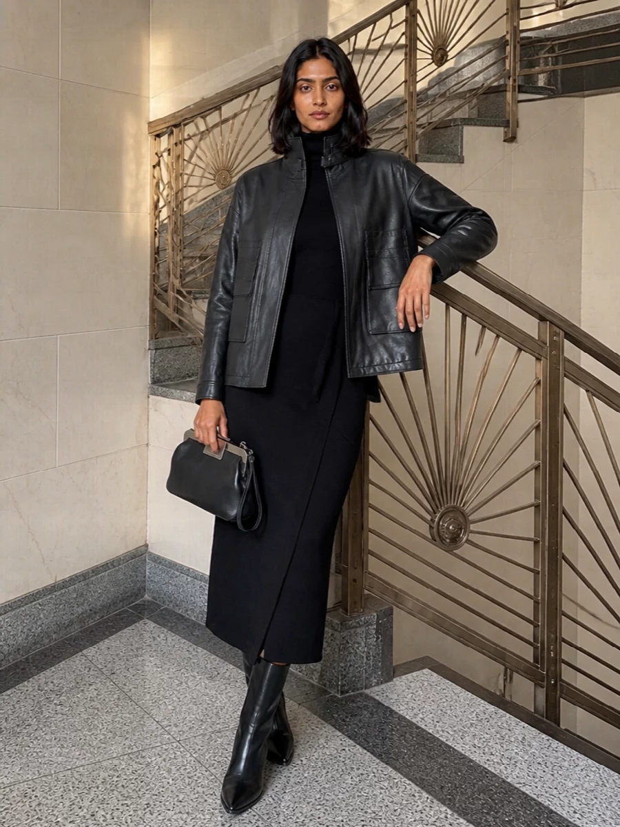 Parosh black knit midi dress leather coat outfit