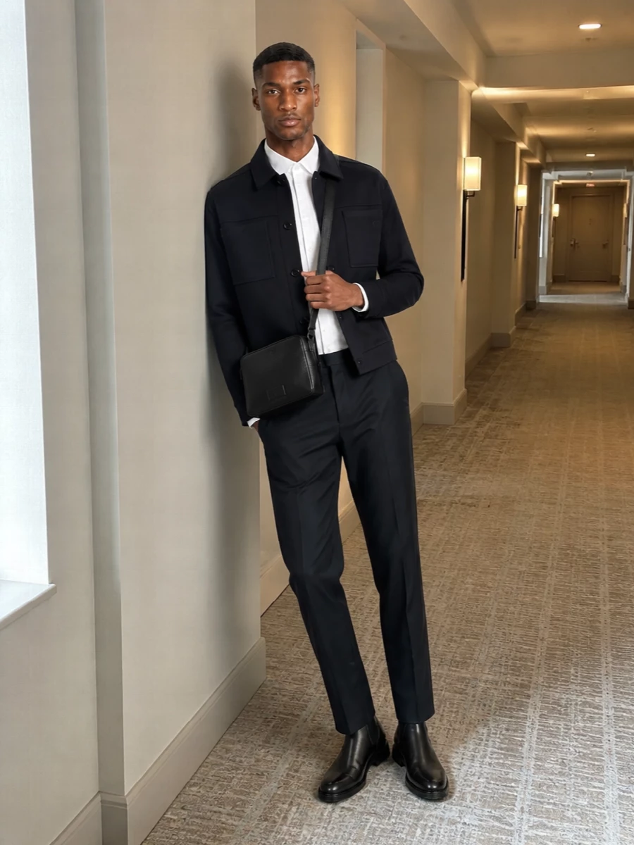 Gucci navy shirt jacket white shirt chelsea boots
