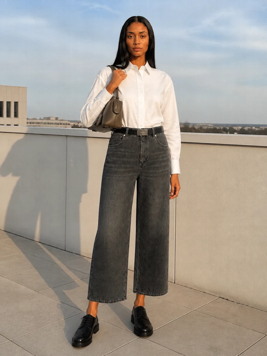 S max mara wide leg jeans white shirt outfit