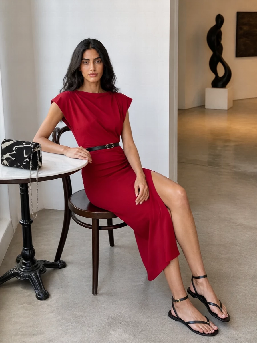 A deep red column, bare leg and fine black straps keep this grounded in that sweet spot between cocktail and gallery evening. The graphic monochrome envelope bag and slim belt add just enough structure and detail to sharpen the romance. It is clean, confident styling that lets the colour and cut do the talking.