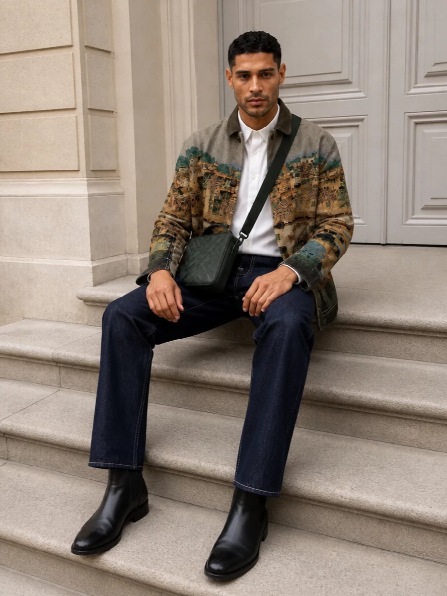 Junya watanabe tapestry jacket raw denim outfit
