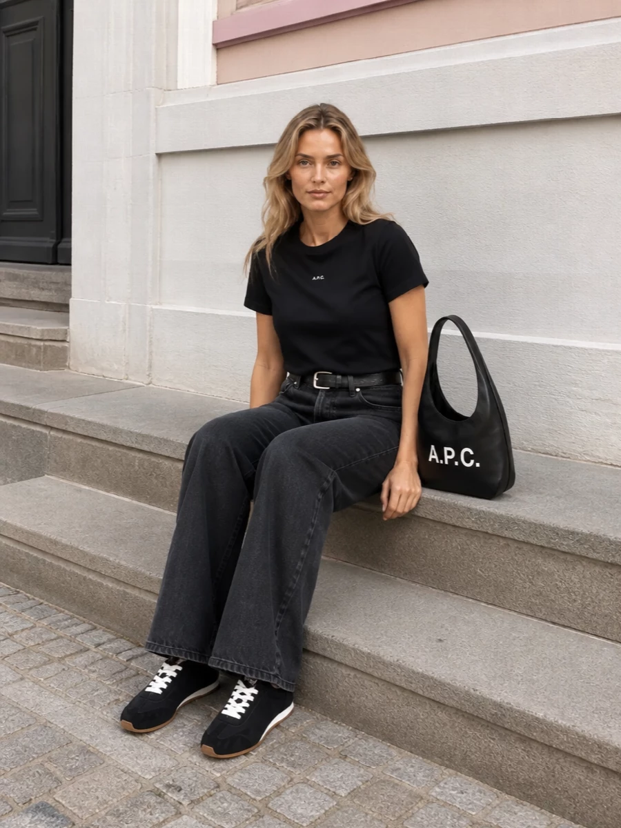 Apc black tee wide leg jeans sneakers