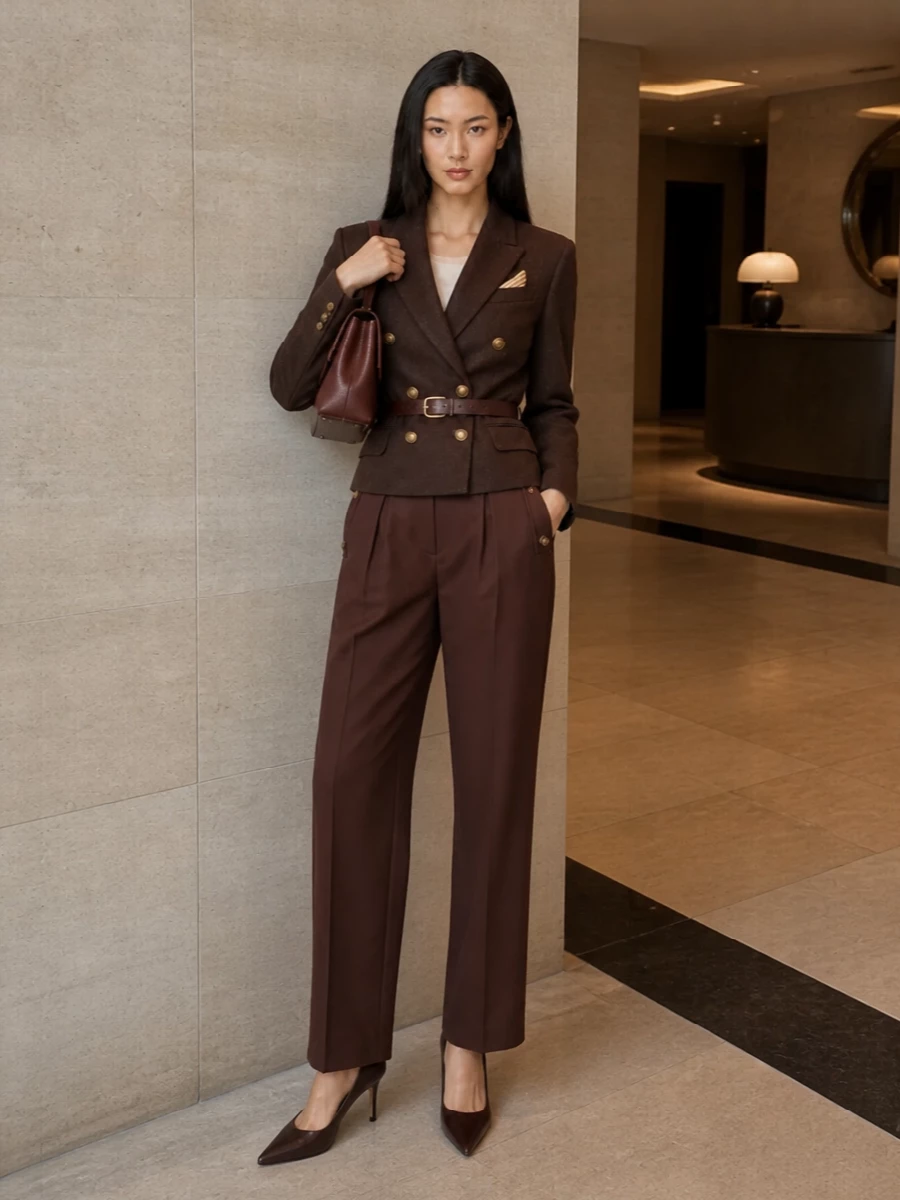 Deep chocolate tailoring is the anchor here, with the double-breasted blazer and high-waisted trouser reading as a single, elongated line punctuated by antique gold hardware. A pointed dark brown pump and sculpted mahogany top-handle keep the mood quietly formal, while the slim belt tightens the silhouette just enough for a confident dinner or city evening. The result is a rich, tonal brown suit story that feels sharp, feminine and understatedly luxurious.