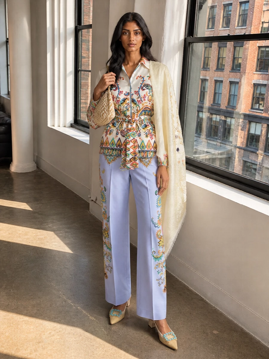 A column of Etro paisley in ivory and ice blue feels romantic yet sharply put together, ideal for summer lunches that stretch toward evening. The clean, straight leg balances the belted shirt’s fluidity, while ivory and raffia accessories keep the mood polished but light. Subtle tonal paisley at the shoulders adds depth without stealing focus from the main print story.