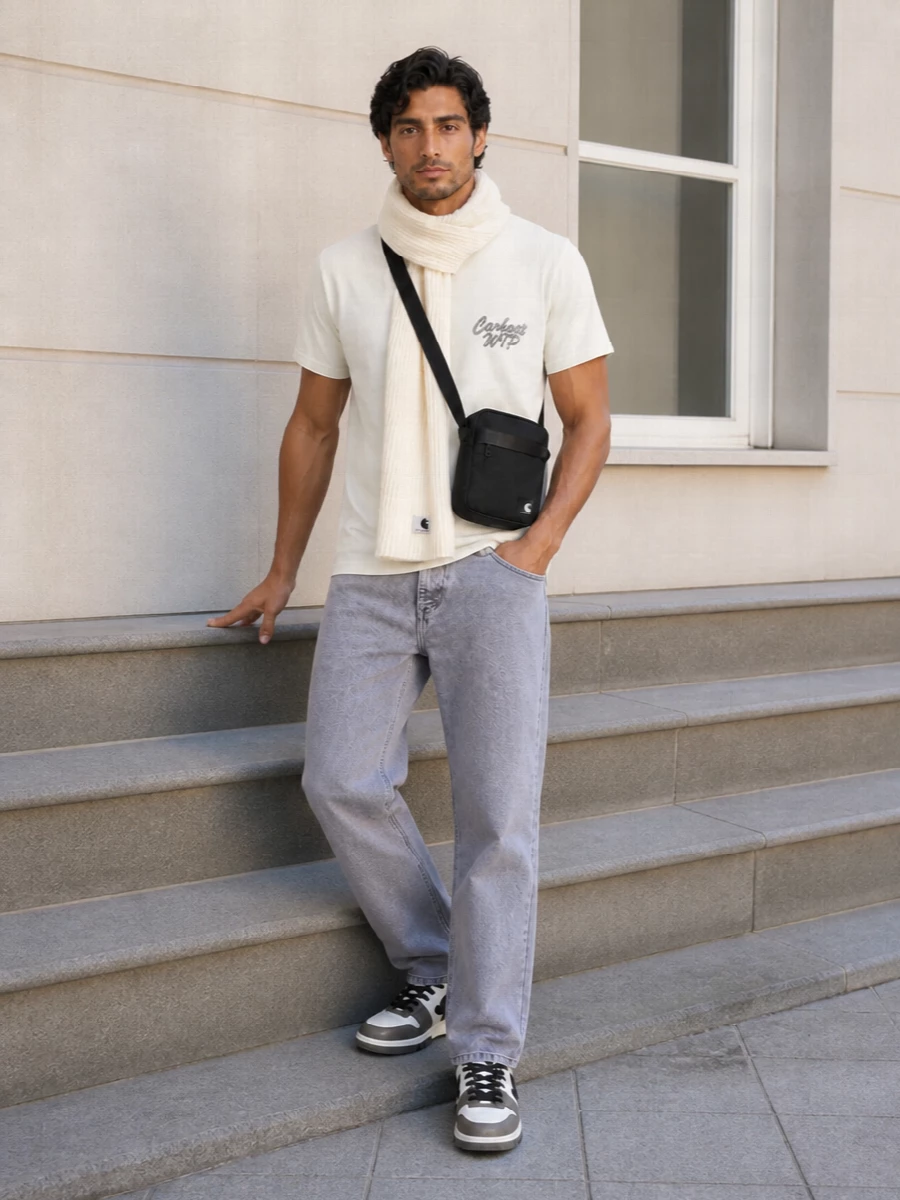 Carhartt tee washed grey jeans off white sneakers