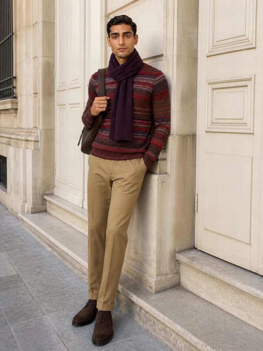 Paul smith striped sweater camel trousers outfit