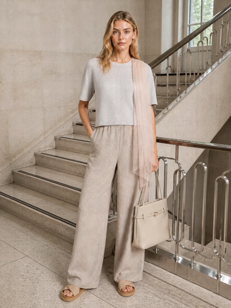 Soft grey and taupe neutrals play together here for a calm, quietly refined summer outfit. The boxy knit and relaxed wide-leg trouser create an easy, elongated line that feels considered but never stiff. Slides and a slim cream shoulder bag keep everything light and unfussy while still reading distinctly polished.