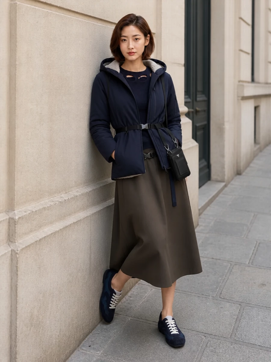 Prada navy puffer city outfit midi skirt