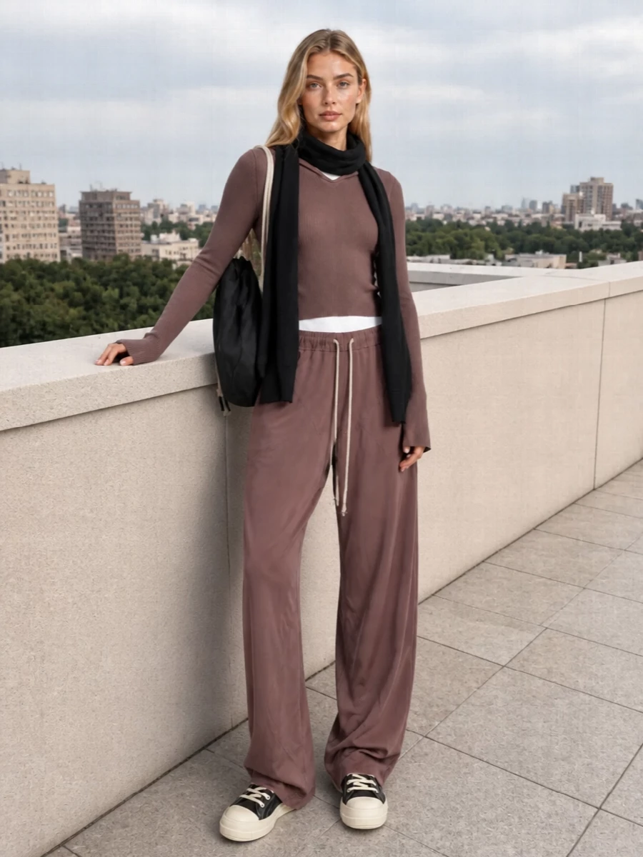Rick owens mocha knit wide leg pants high tops