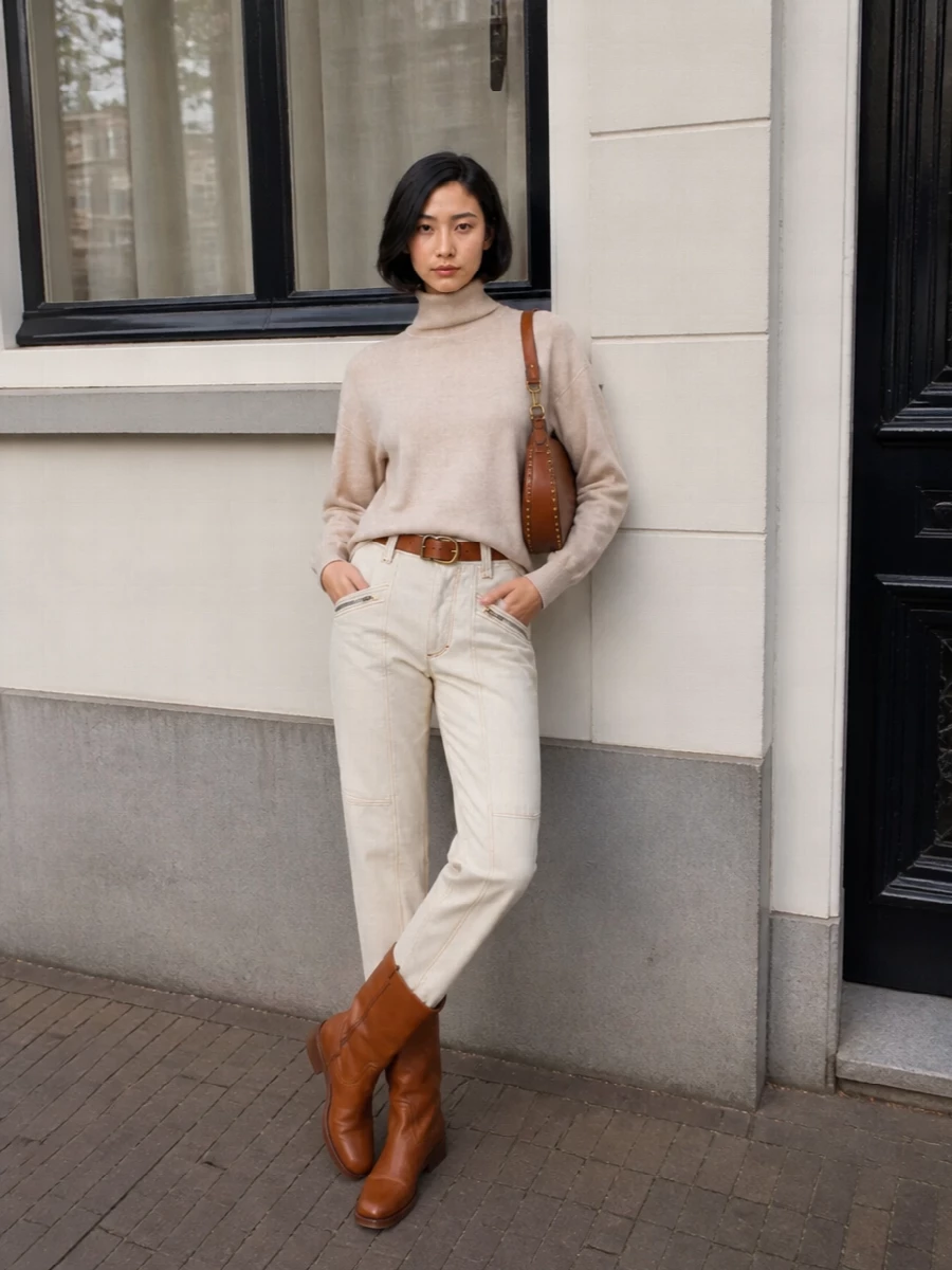 Isabel marant cream trousers tan boots outfit