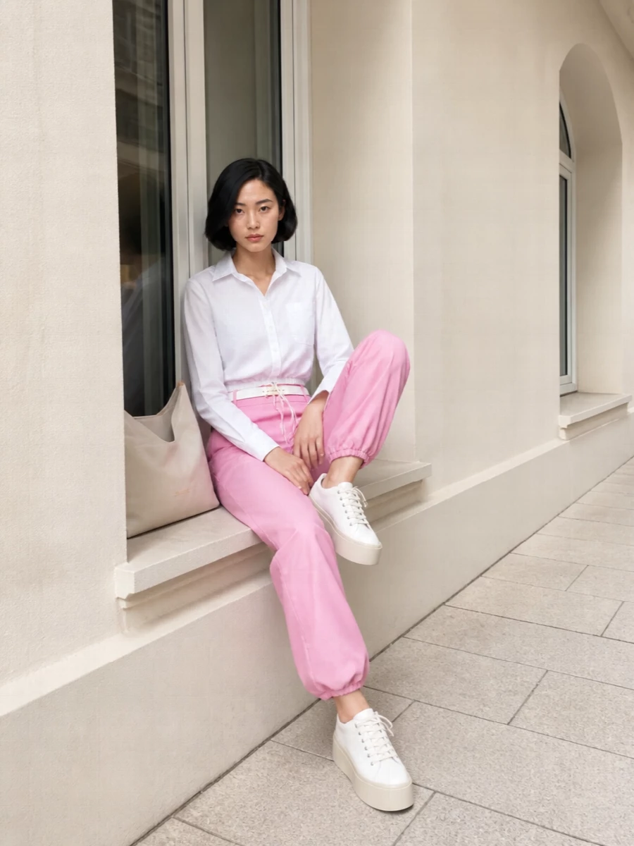 Marni pink drawstring pants white cropped shirt